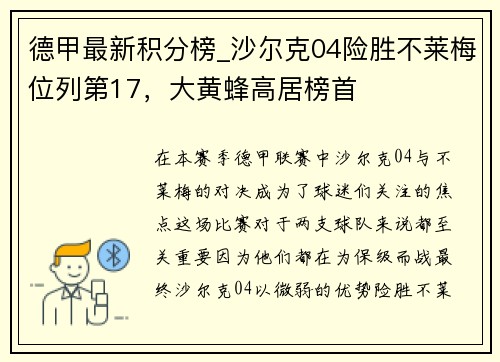 德甲最新积分榜_沙尔克04险胜不莱梅位列第17，大黄蜂高居榜首