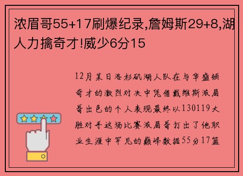 浓眉哥55+17刷爆纪录,詹姆斯29+8,湖人力擒奇才!威少6分15